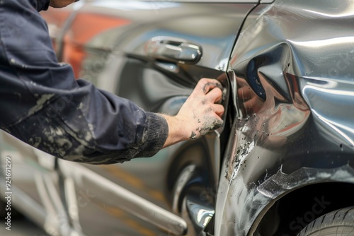 Skilled specialist restores dented car fenders for flawless auto body repair and restoration