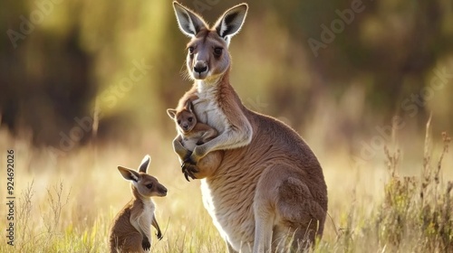 A mother kangaroo with her joey and a young joey in the pouch.