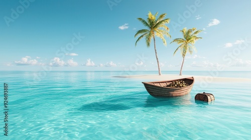 Treasure Chest and Boat on a Tropical Island.