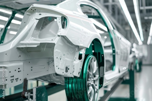 Car frame on assembly line, white and green, hyper realistic shot with sony a7 canon eos