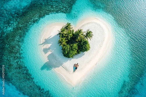 Romantic aerial view couple on heart shaped motu beach surrounded by palm trees and azure ocean