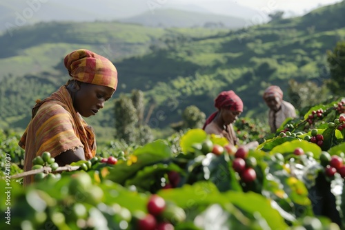 Group of african farmers harvesting coffee beans on a plantation in the ethiopian highlands