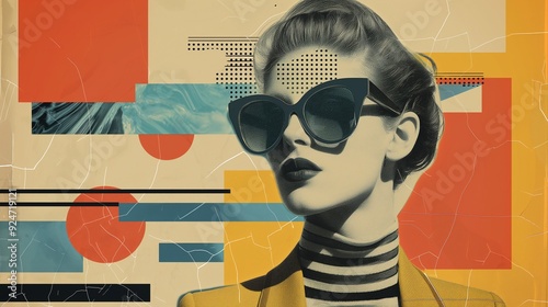 Retro pop art portrait of woman in sunglasses image. Female wearing sunglasses, striped turtleneck photography scene wallpaper. Eighties fashion concept photorealistic picture