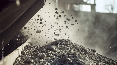 Cement Clinker Cascading from Conveyor Into Storage Area with Swirling Dust