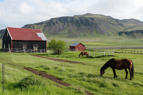 Icelandic horses are grazing peacefully on a lush green pasture in front of a traditional icelandic farm with a red roof and black walls