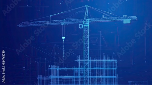 Minimalist flat design blueprint with construction crane and hard hat vibrant blue tones sleek engineering visuals