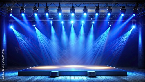 Empty stage with blue spotlights, perfect for event entertainment, stage, lights, spotlight, concert, music, performance