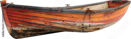 A weathered wooden boat with faded orange and red paint, showcasing the passage of time.