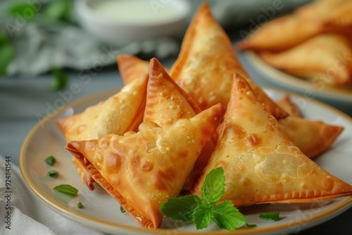 Homemade Indian snack small triangle samosa with patti or strip