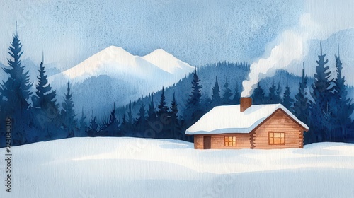 Watercolor painting of a cozy cabin in a snowy winter landscape.