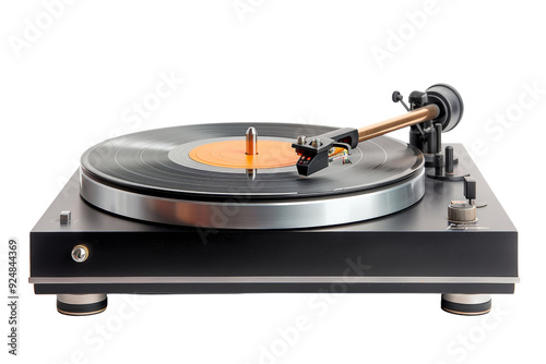 Close-up of a vintage vinyl record player turntable, isolated on white background, capturing the essence of analog music playback.