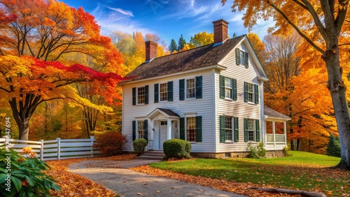 Historic wooden colonial home with white clapboard siding, black shutters, and a central chimney, surrounded by vibrant autumn foliage in rural New England.