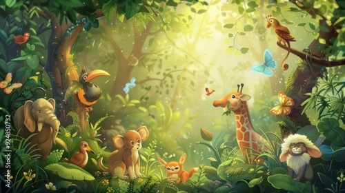 Cute Jungle Animals in a Whimsical Forest Wallpaper