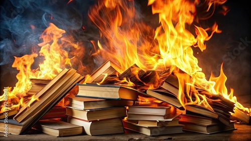 Books burning in a pile representing banned books concept, censorship, literature, banned, controversial