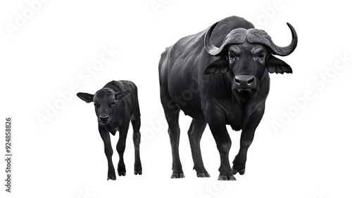 Wild buffalo and wild buffalo calf isolated on background