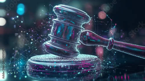 A digital gavel surrounded by a cybernetic network, symbolizing the intersection of technology and digital law.