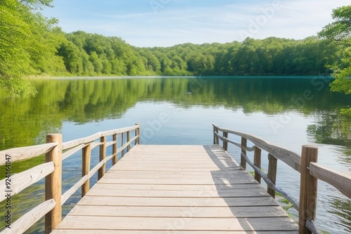 Wooden path bridge over a lake