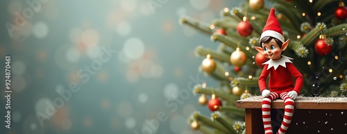 Cheerful Christmas elf sitting on shelf beside decorated tree with copy space