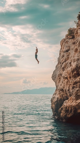 Daring cliff diver plunges into azure waters below, silhouetted against a dreamy sky. Rocky coastline frames the thrilling moment of free fall, capturing adventure and adrenaline.