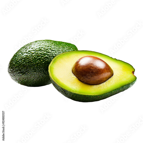 A ripe avocado split open, hyperrealistic, creamy green and brown, isolated on white background. 