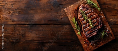 A succulent grilled beef steak on a rustic table with a copy space image as a appetizing and healthy meal option shown from a top view