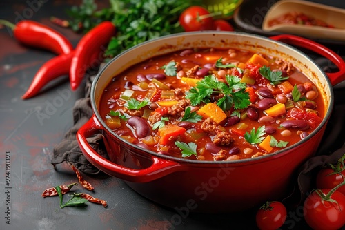 Vegan Chili Con Carne with Beans and Vegetables in Tomato Sauce. Mexican Stew Concept