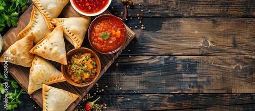 Wooden board displaying delicious Uzbek samsa with copy space image on the background