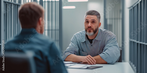 A prison inmate meeting with their defense attorney in a visiting room, discussing legal strategy and next steps.