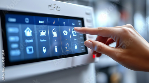 A close-up of a person setting the home security system on a smart touchscreen panel, with icons for alarms, cameras, and locks visible, highlighting the importance of home safety,