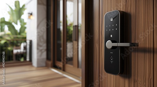 A sleek, modern smart lock with a black, glossy finish is installed on a natural wood-colored door. with a sophisticated matte finish. minimalist and brutalist. Generative AI.