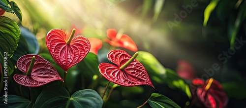 Selective focus on anthurium vittarifolium plants viewed from beneath in the sunlight. with copy space image. Place for adding text or design