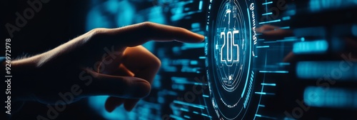 Hand Reaching Towards Futuristic Interface with 2057 Display - A hand reaches towards a futuristic digital interface with a holographic display showing the year 2057, symbolizing technology, innovatio