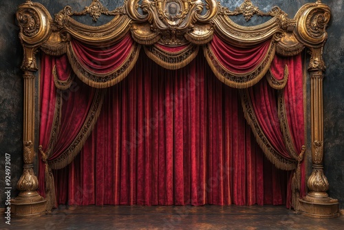 dramatic theater backdrop rich red velvet curtain ornate gold tassels and trim spotlight creating dramatic shadows hint of stage visible