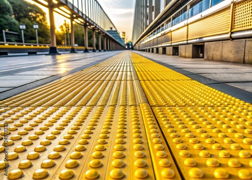 Bright yellow tactile guides on a pedestrian walkway provide visual and sensory cues, facilitating safe navigation for individuals with visual impairments or disabilities.