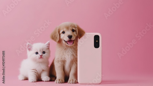 A cute kitten and puppy sit beside a pink smartphone against a pink background.