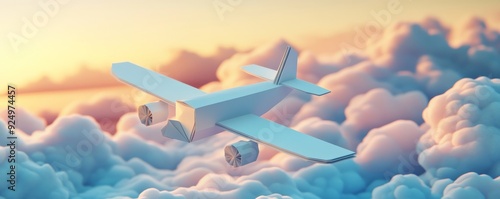 A small blue airplane soars through fluffy pastel clouds at sunset.