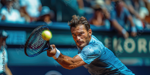 A Caucasian man plays tennis, a professional tennis player hits the ball with a racket at an international tennis tournament.