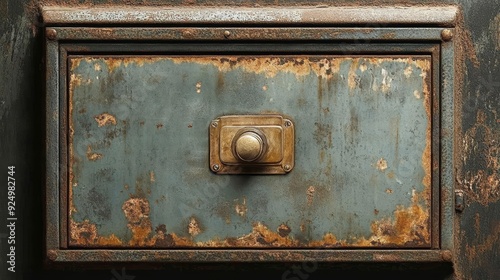 Rusted Metal Drawer with Brass Knob - A close-up shot of a rusty metal drawer with a brass knob. The drawer is old and weathered, with visible signs of wear and tear. The brass knob adds a touch of el