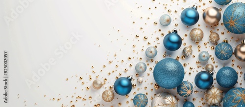 Elegant display featuring blue and gold Christmas balls on a white backdrop in a flat lay top view with copy space image