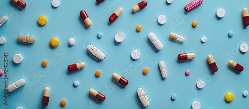 Various drugs like pills, tablets, and capsules arranged on a blue surface seen from above. There is room for text or other elements in the photo. image with copy space