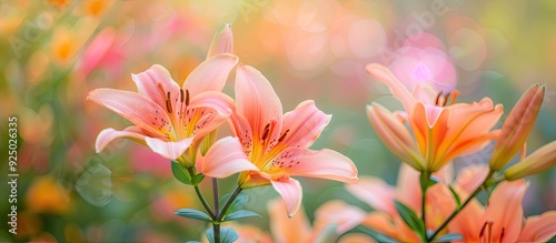 In autumn, vibrant pink and peach lilies bloom in a garden, featuring a close-up view with focused details and room for text or images. image with copy space