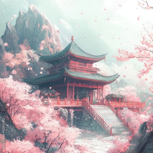 A Taoist temple stands gracefully amidst blooming cherry blossom trees, creating a peaceful atmosphere in spring