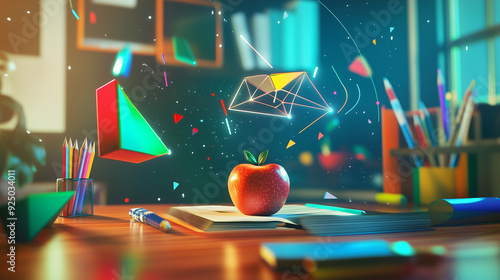 Futuristic 3D rendering of vibrant geometric shapes and school supplies on a desk with an Apple computer in the background, set in the year 2059. The scene is illuminated by bright volumetric lighting