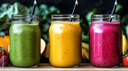 A trio of colorful smoothies in mason jars, perfect for a healthy and refreshing treat.