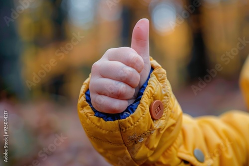 Child wearing yellow jacket showing thumbs up gesture outdoors