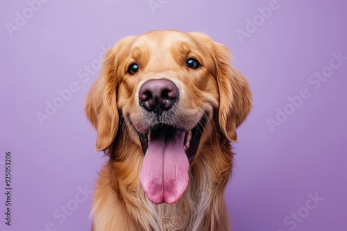 A cheerful golden retriever with its tongue out, looking at the camera.