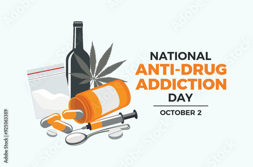 National Anti-Drug Addiction Day poster vector illustration. Pill bottle, hard drugs, syringe, alcohol icon set. Drug addiction symbol. Template for background, banner, card. October 2 each year