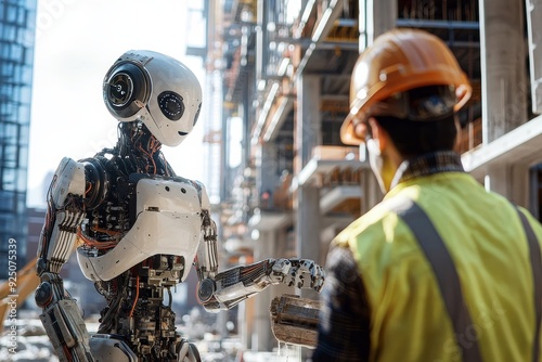 A humanoid robot and a human construction worker collaborating on a building site, with the robot lifting heavy materials and performing precise measurements while the human oversees the project, ensu