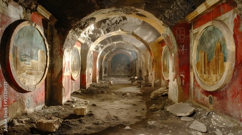 Ancient Roman Ruins - Underground Tunnel with Frescoes.