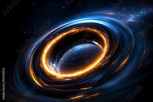 Abstract swirling galaxy with a glowing ring and a planet. A cosmic whirlpool. A cosmic singularity.